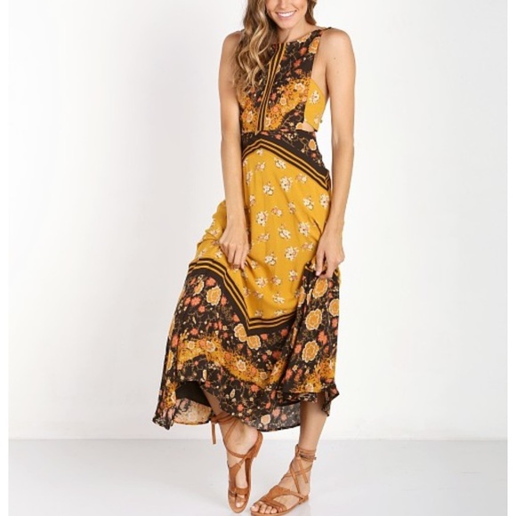 Free People Dresses & Skirts - Free People 60's Sunrise Oblivion Keyhole Cut Out Dress Antique Gold size 8